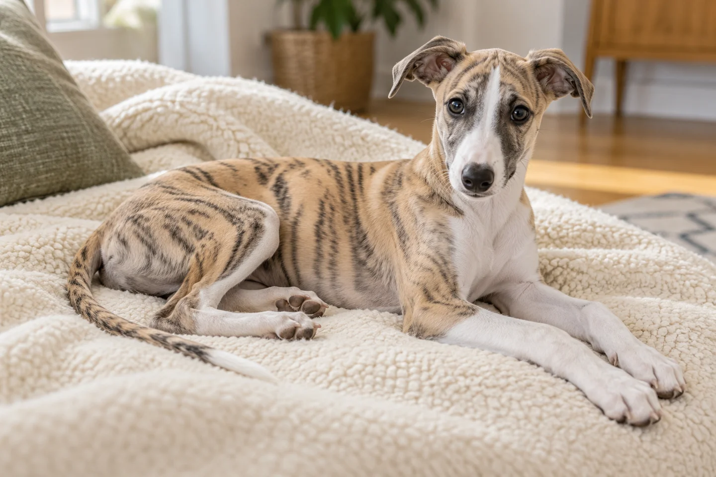A fawn-brindle-and-white Whippet puppy with a short coat resting comfortably on a blanket indoors
