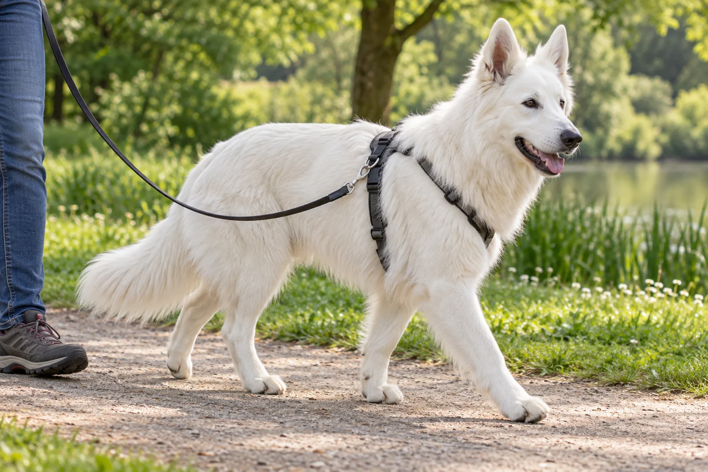 White Swiss Shepherd Dog adult walking in a harness beside an adult handler, showing the selected breed type