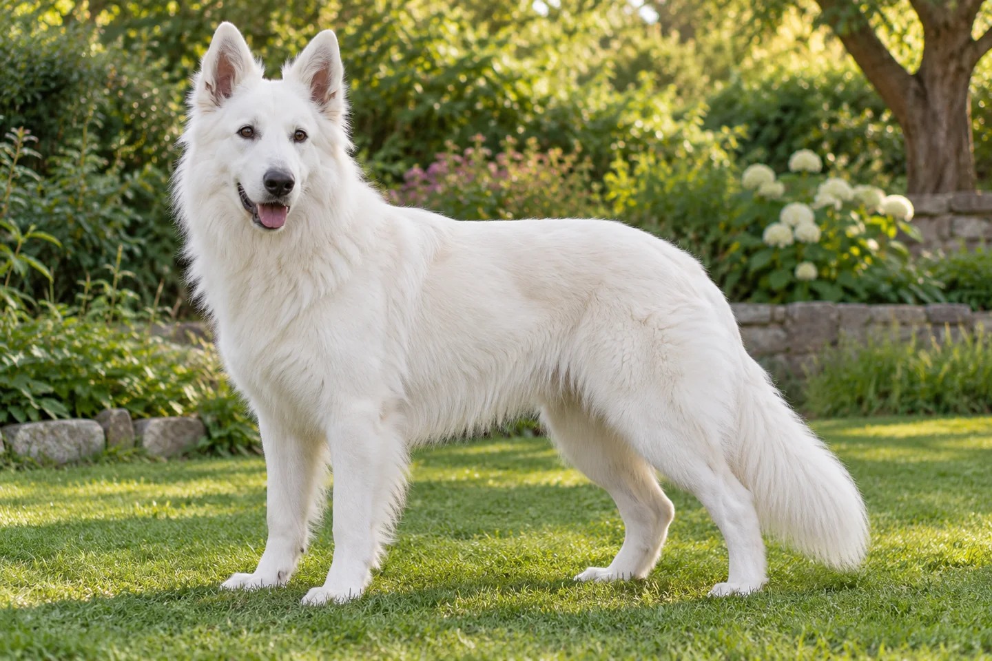 White Swiss Shepherd Dog adult standing in a quiet outdoor setting, showing the selected breed type