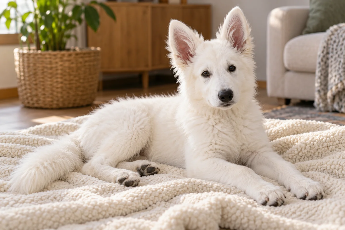 White Swiss Shepherd Dog young dog resting indoors, showing the selected breed type