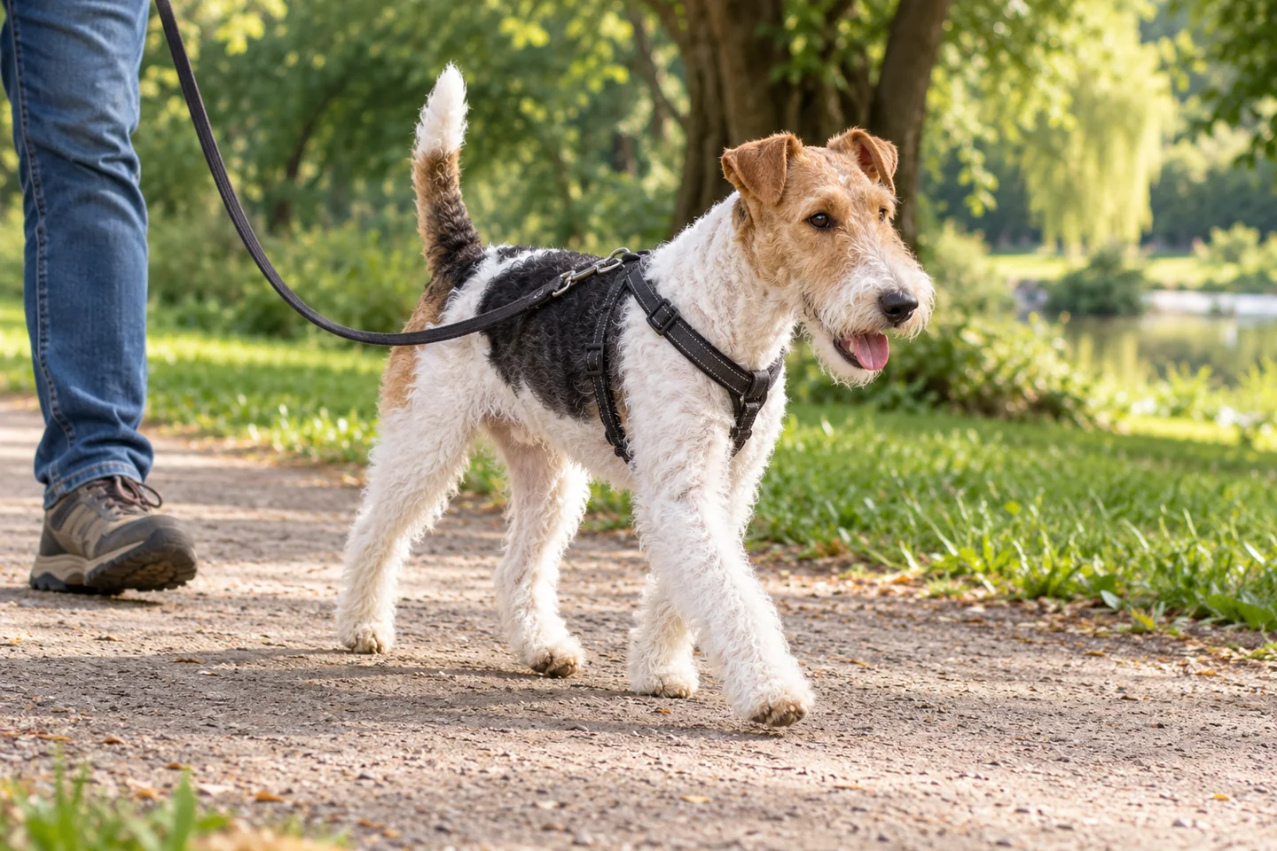 Wire Fox Terrier adult walking in a harness beside an adult handler, showing the selected breed type