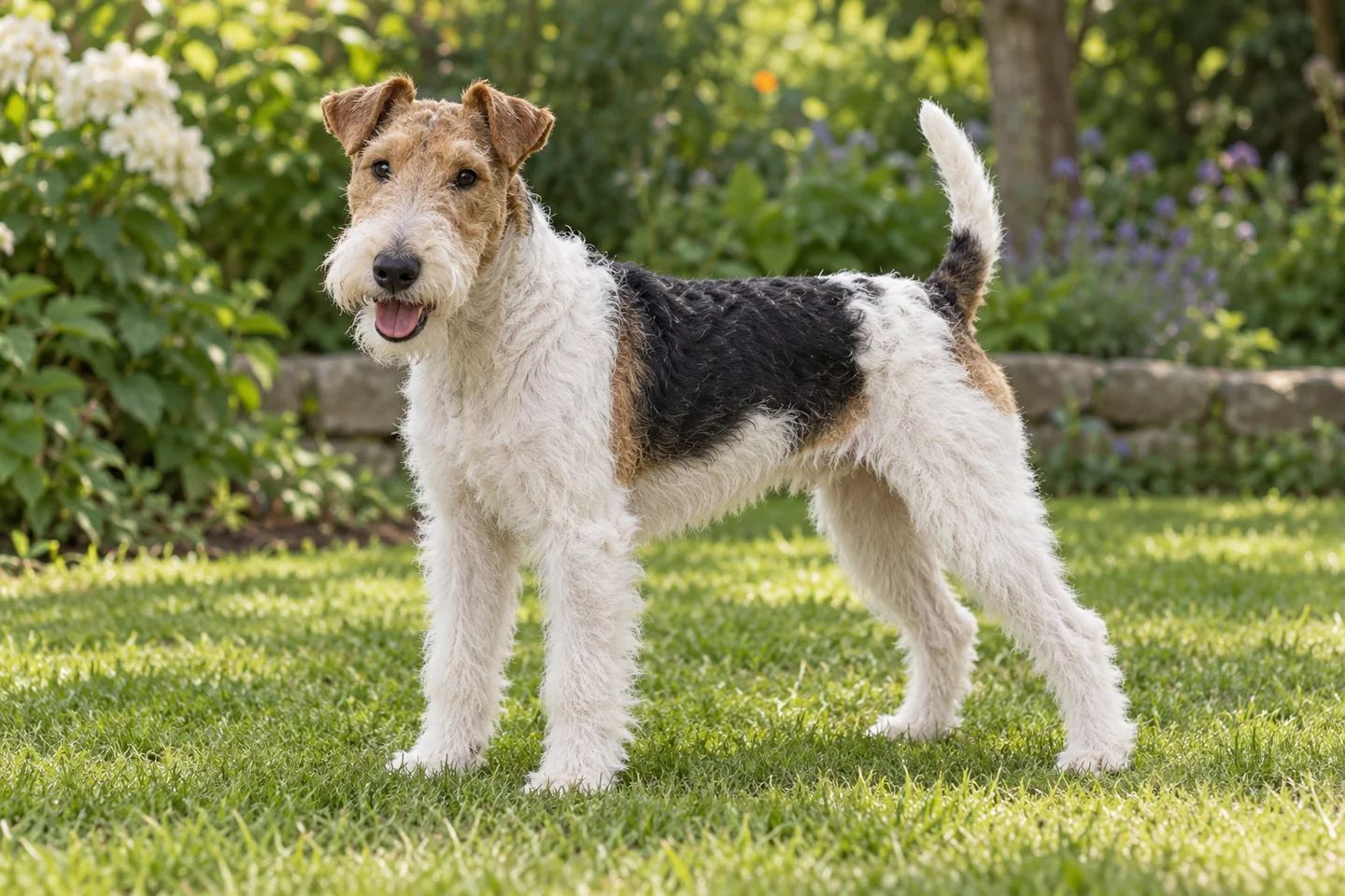 Wire Fox Terrier adult standing in a quiet outdoor setting, showing the selected breed type