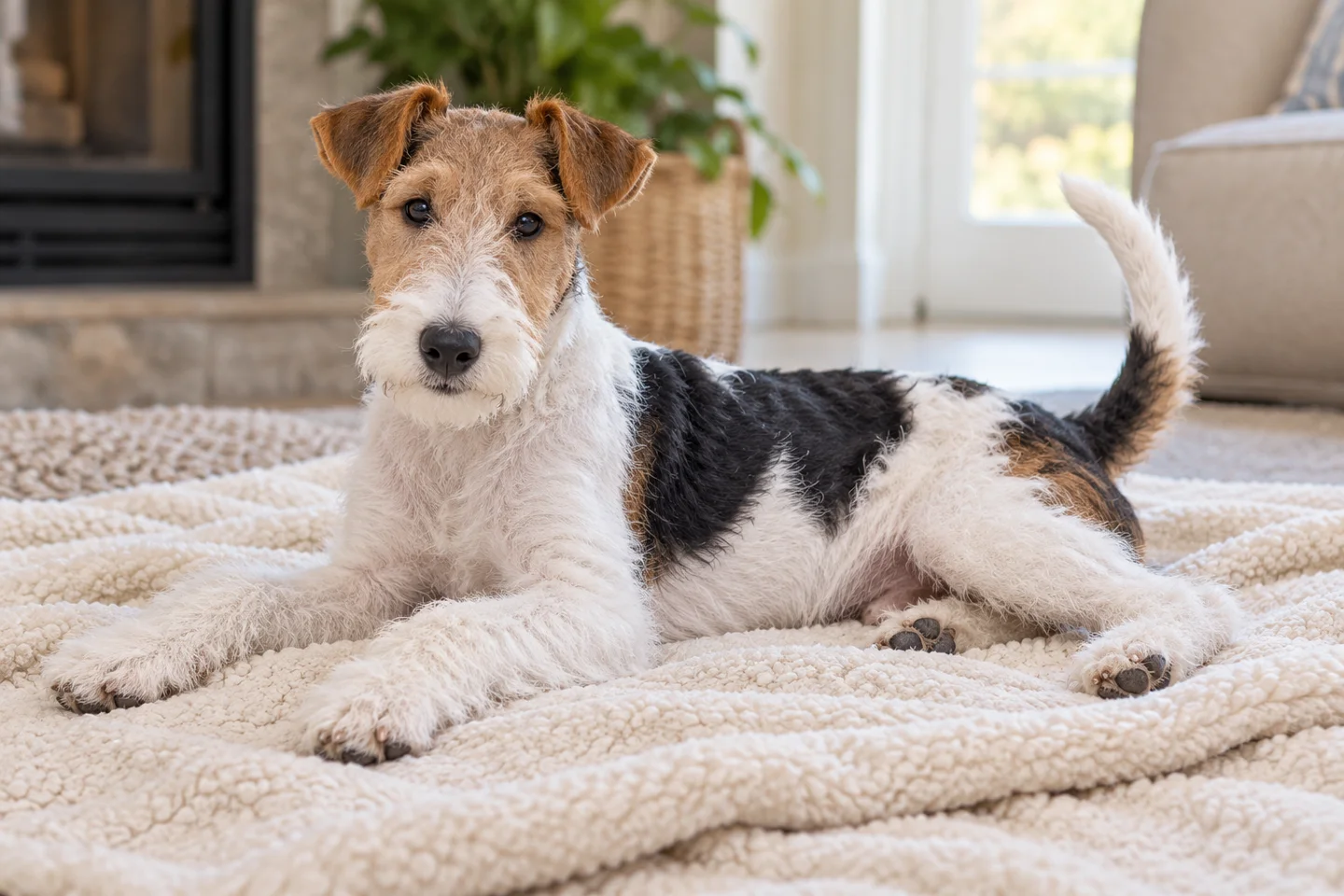 Wire Fox Terrier young dog resting indoors, showing the selected breed type