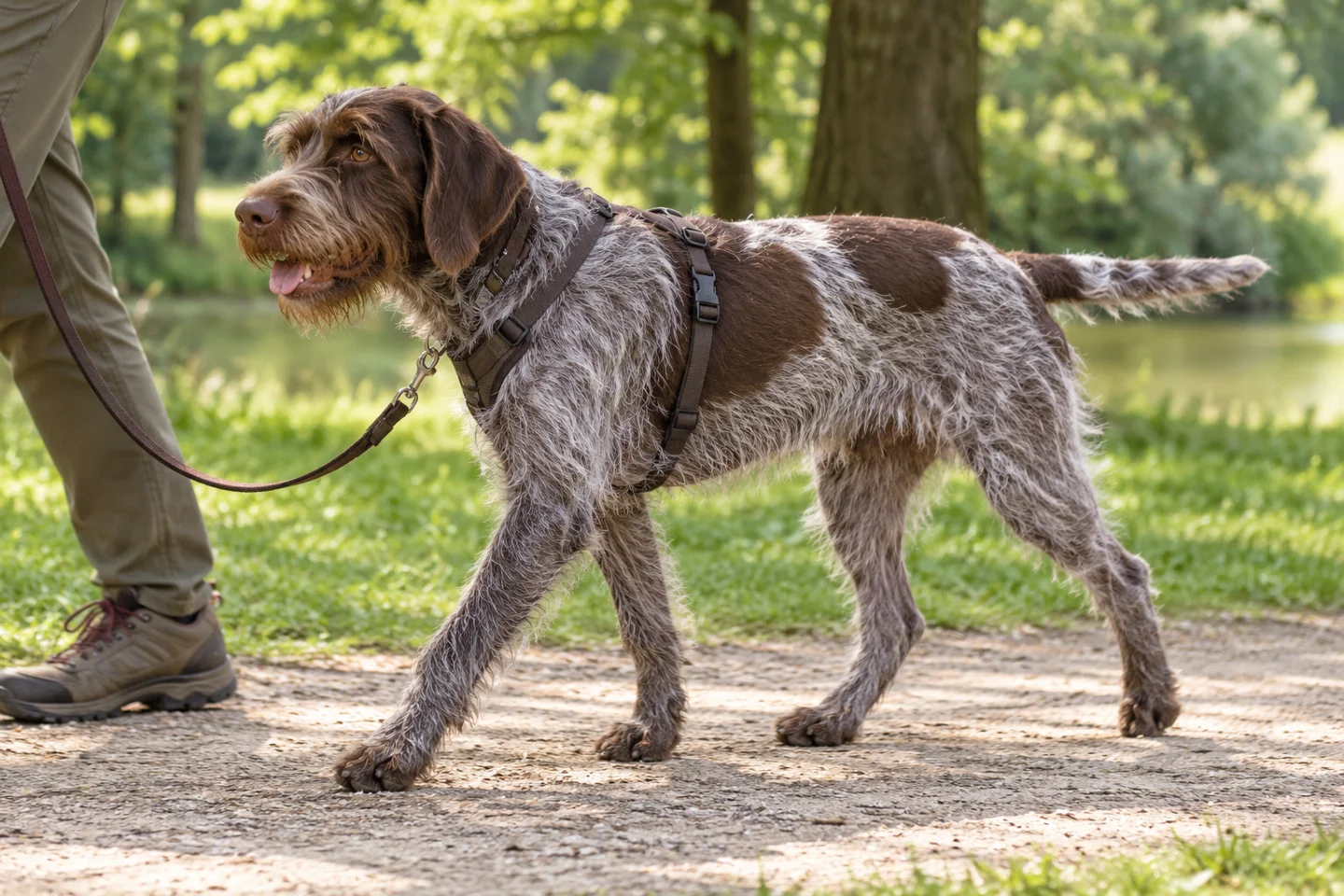 Wirehaired Pointing Griffon adult walking in a harness beside an adult handler, showing the selected breed type