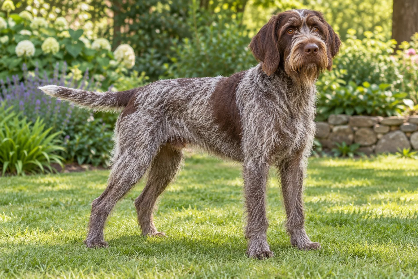 Wirehaired Pointing Griffon adult standing in a quiet outdoor setting, showing the selected breed type