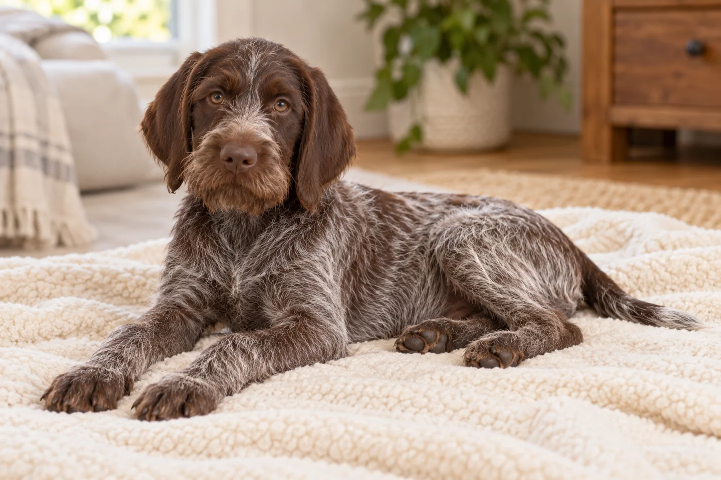 Wirehaired Pointing Griffon young dog resting indoors, showing the selected breed type