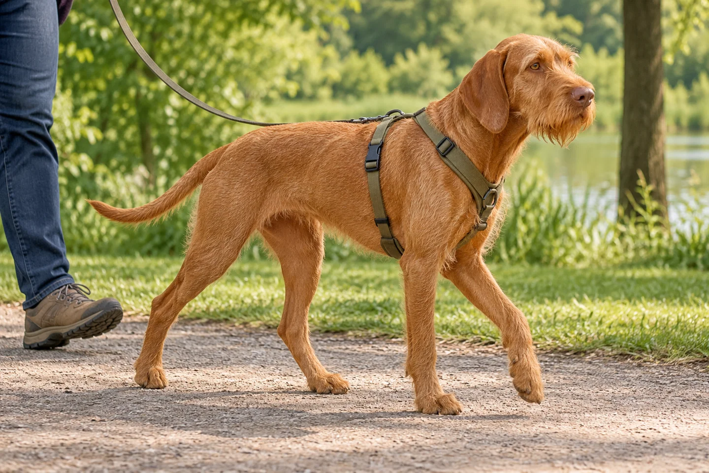 Wirehaired Vizsla adult walking in a harness beside an adult handler, showing the selected breed type