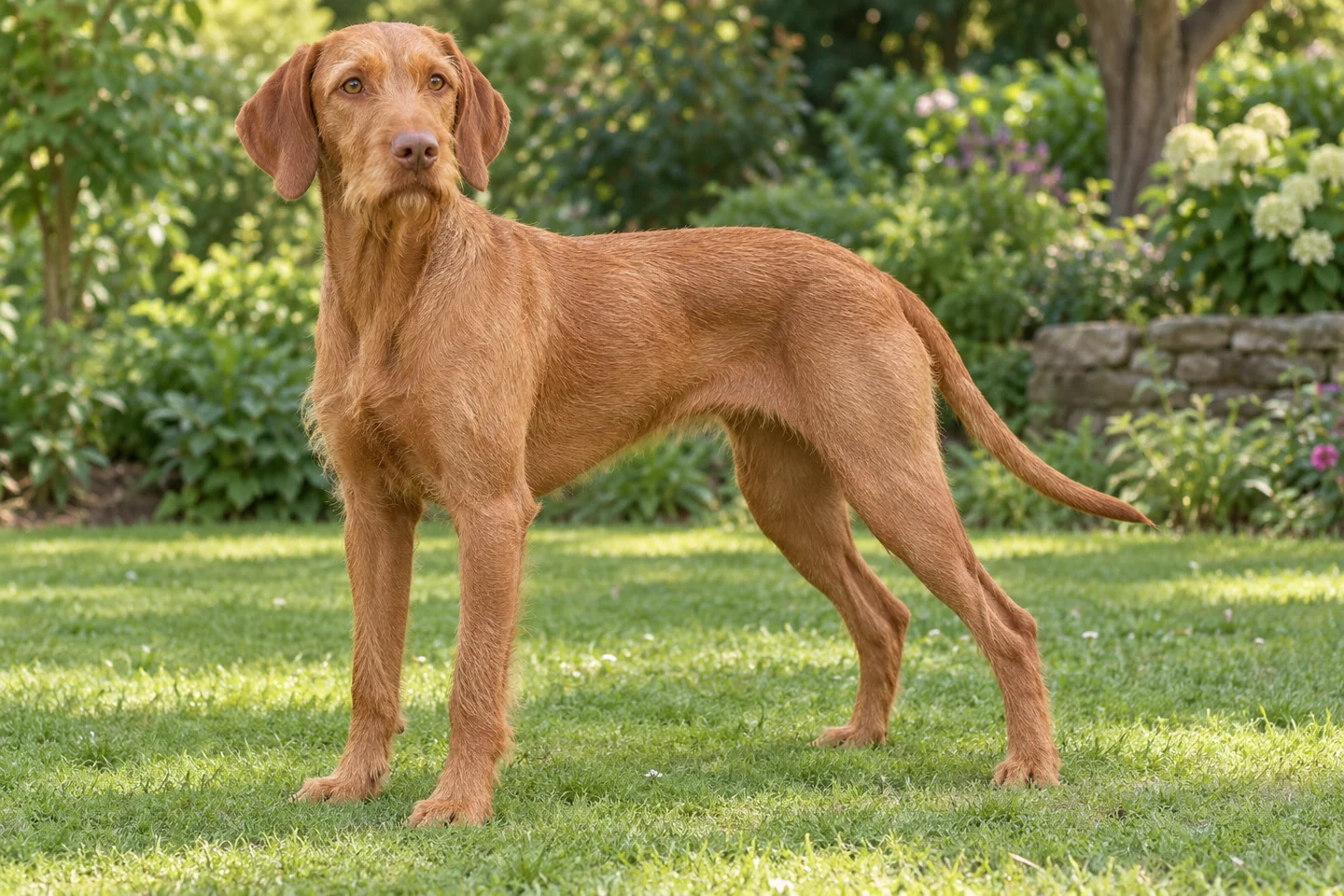 Wirehaired Vizsla adult standing in a quiet outdoor setting, showing the selected breed type