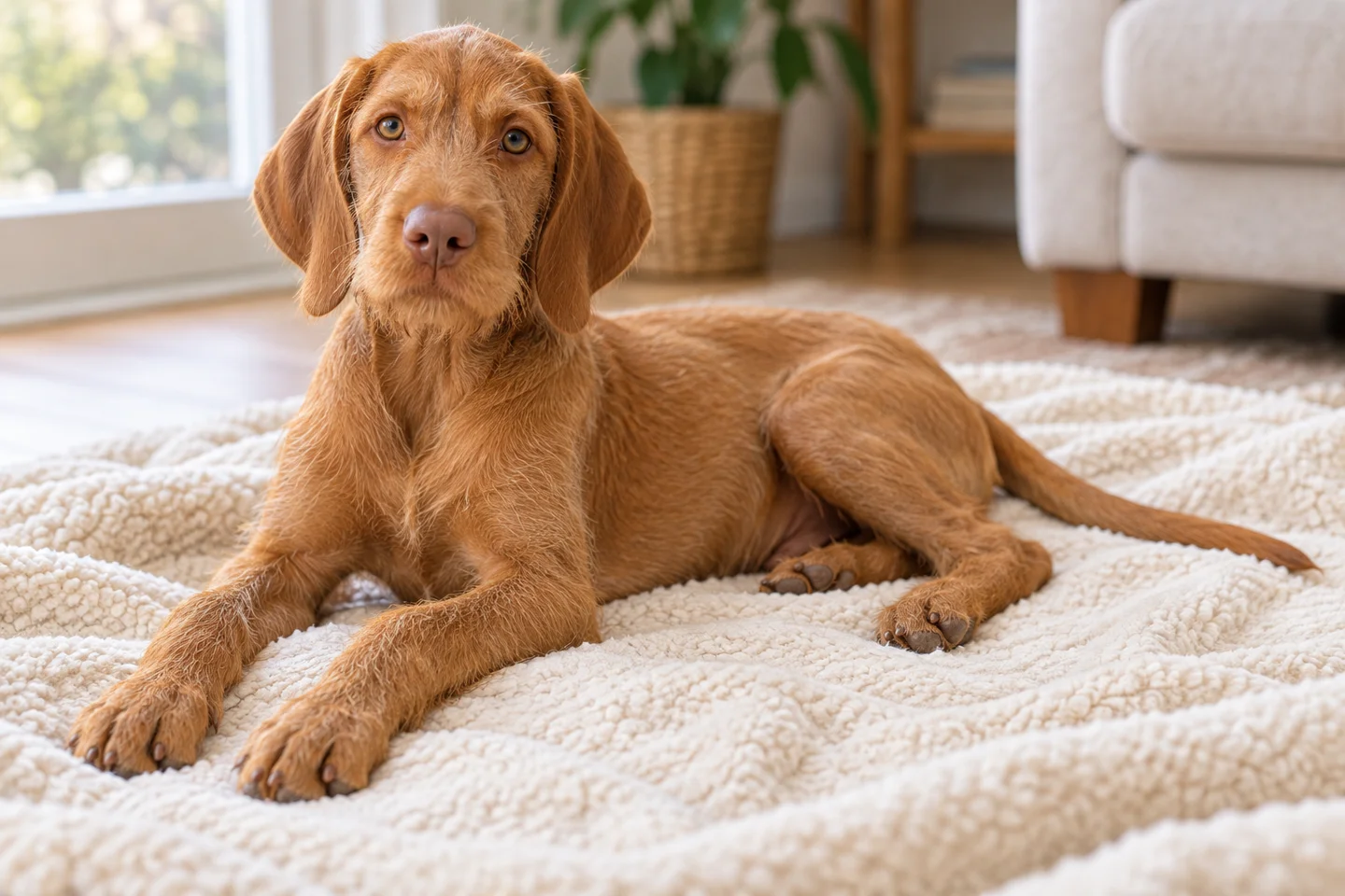 Wirehaired Vizsla young dog resting indoors, showing the selected breed type
