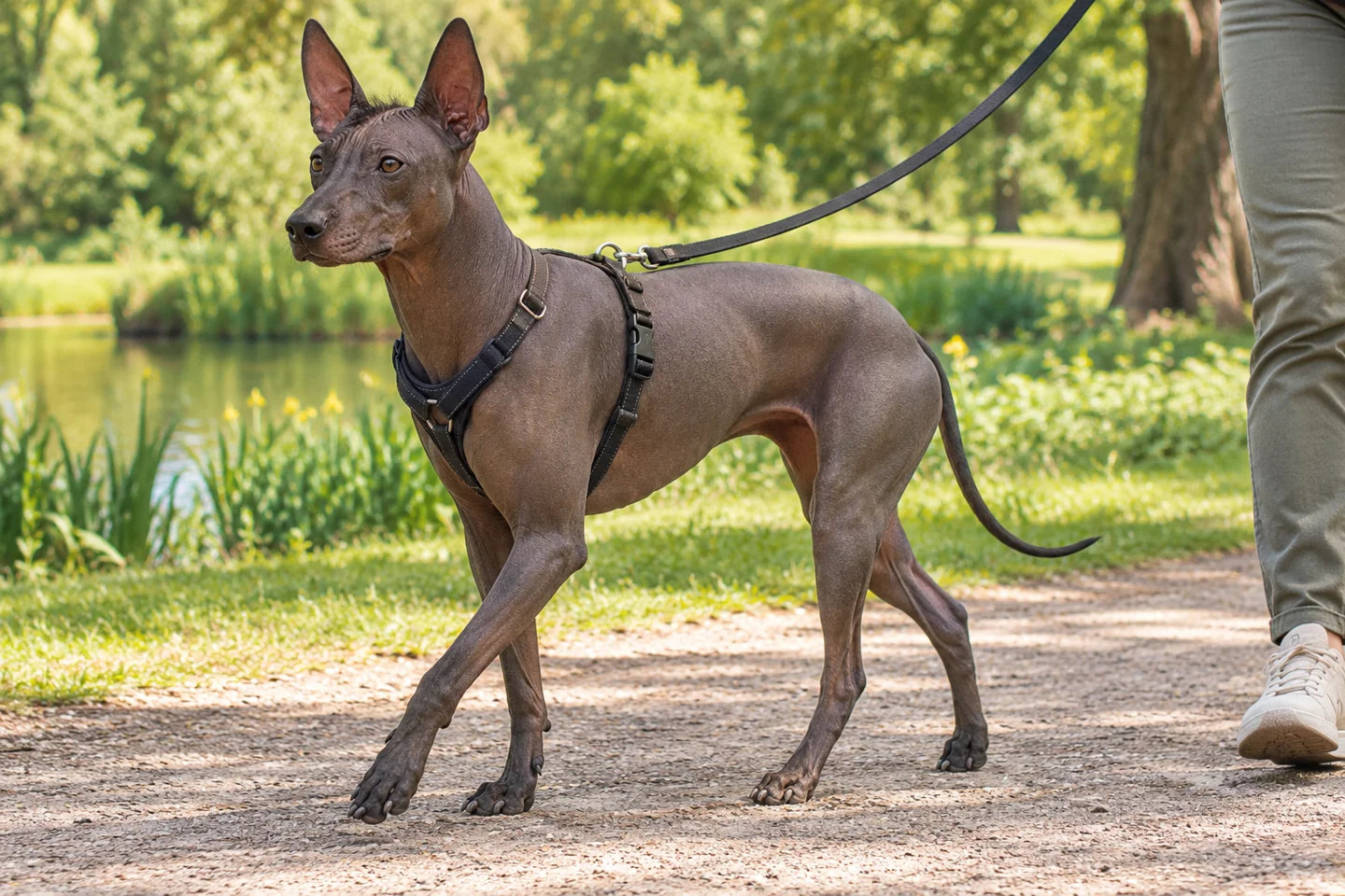 Xoloitzcuintli adult walking in a harness beside an adult handler, showing the selected breed type