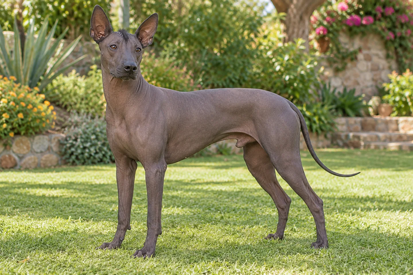 Xoloitzcuintli adult standing in a quiet outdoor setting, showing the selected breed type