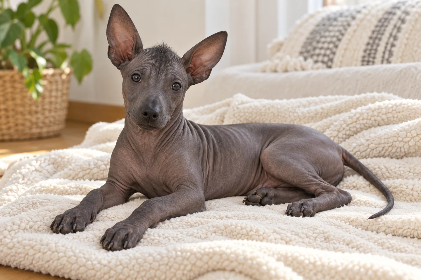 Xoloitzcuintli young dog resting indoors, showing the selected breed type