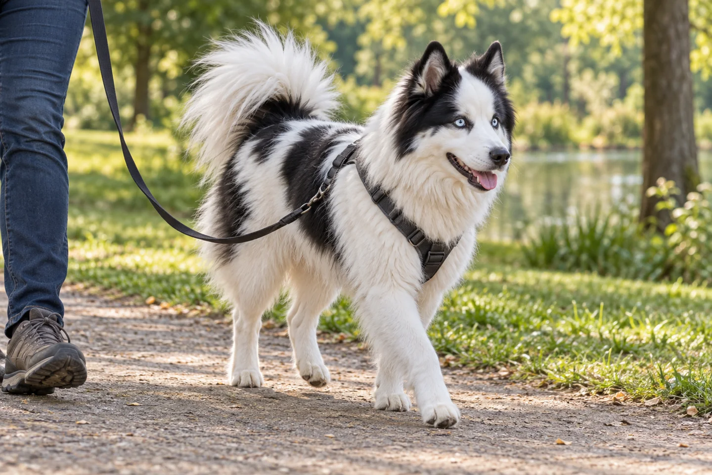 Yakutian Laika adult walking in a harness beside an adult handler, showing the selected breed type