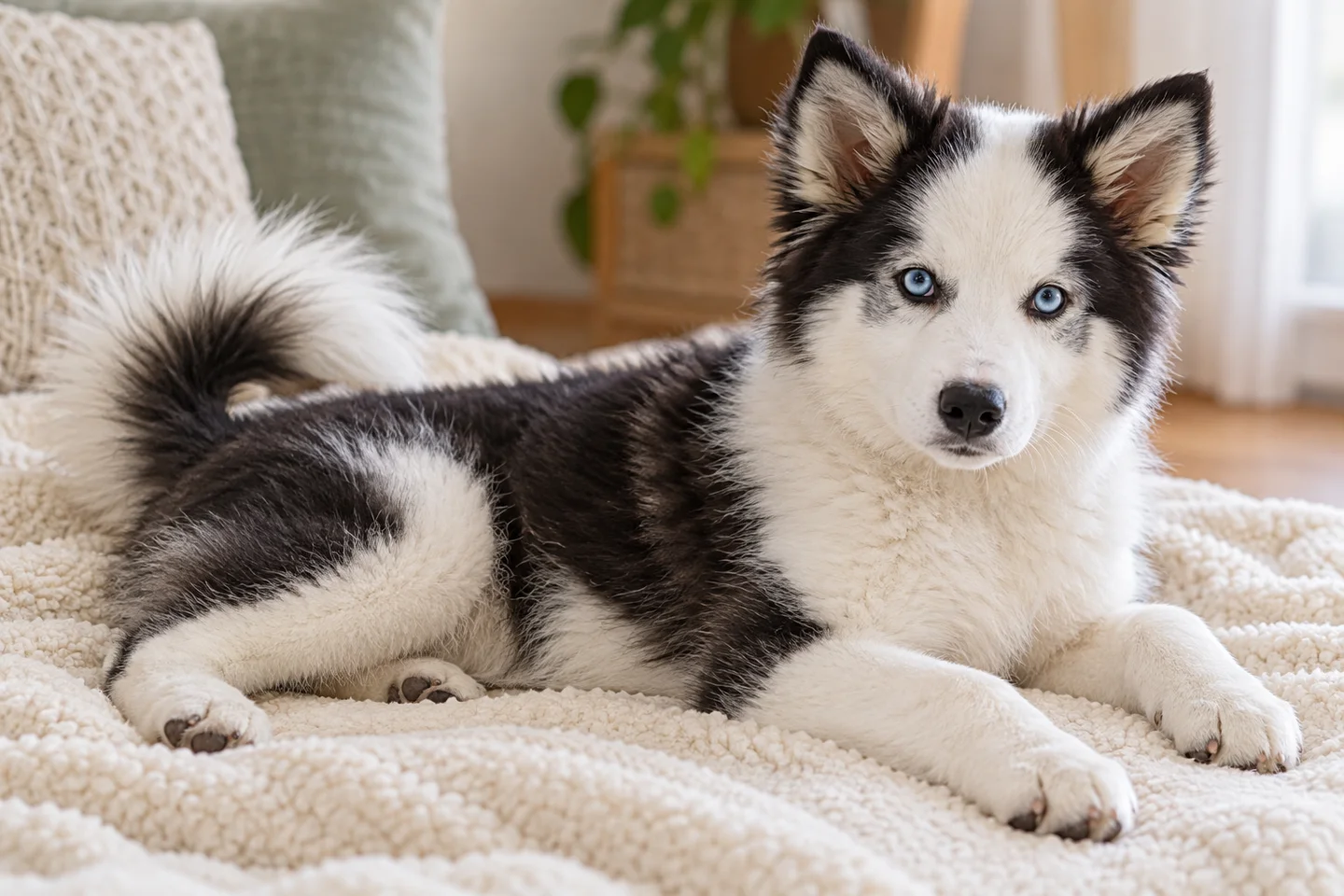 Yakutian Laika young dog resting indoors, showing the selected breed type