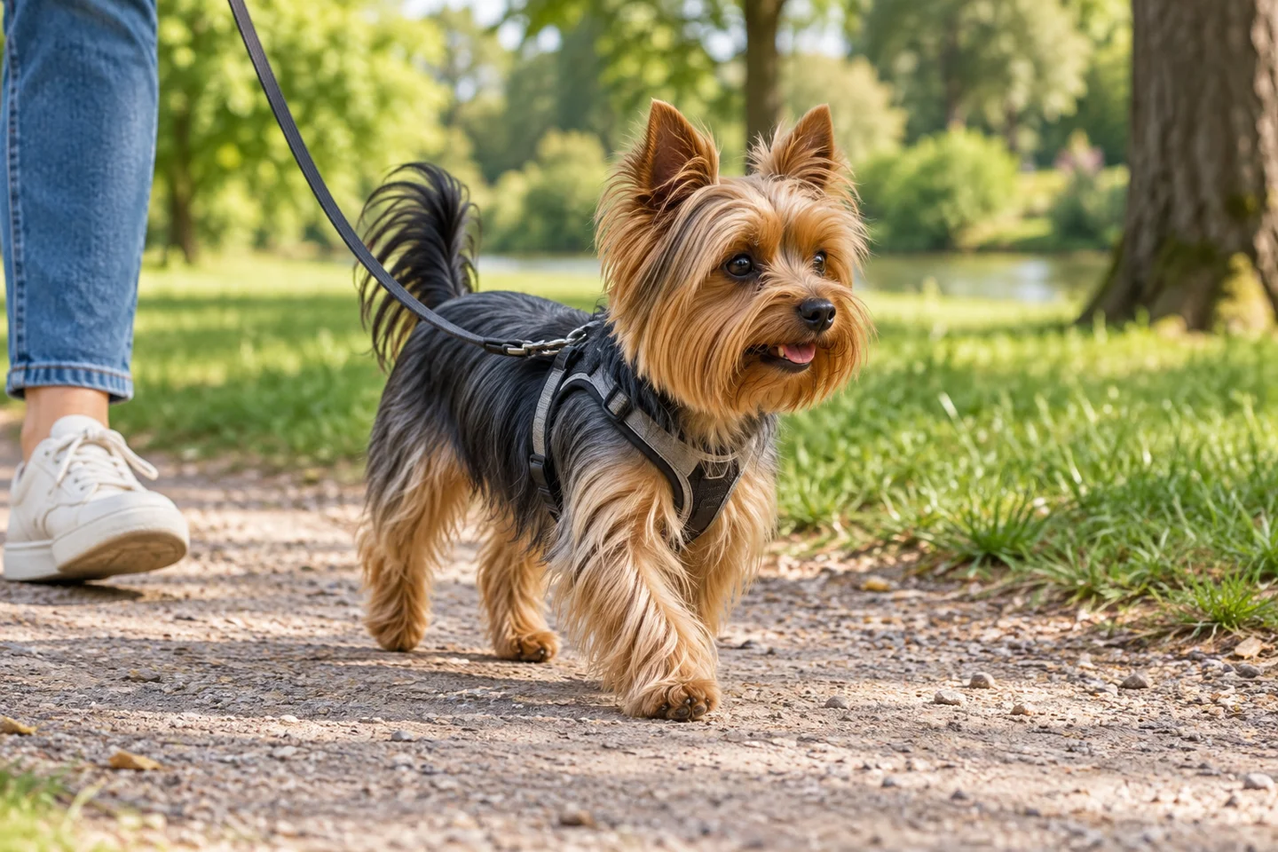 A steel-blue-and-tan Yorkshire Terrier walking on a slack harness lead beside an adult in a quiet park