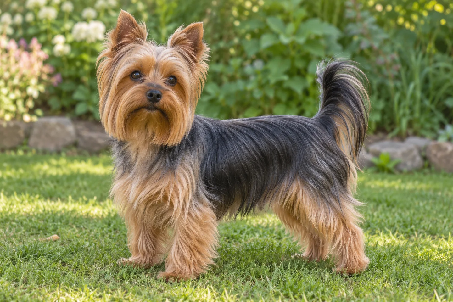 A steel-blue-and-tan Yorkshire Terrier with a practical silky coat, upright natural ears and full tail standing outdoors
