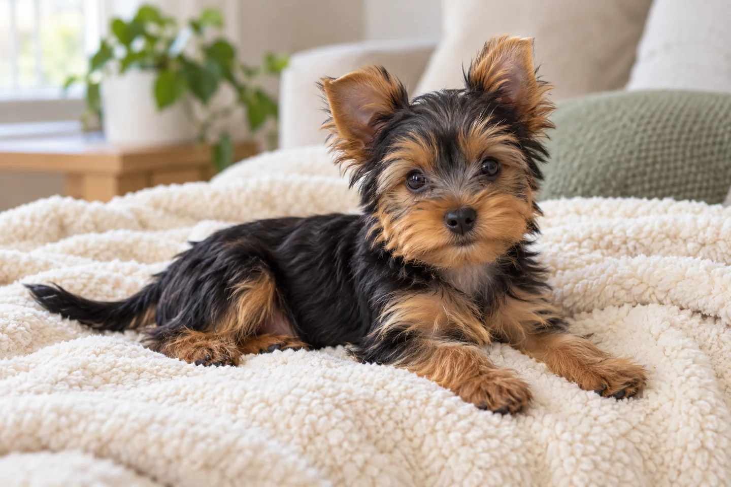 A black-and-tan Yorkshire Terrier puppy with a short developing coat resting on a blanket indoors