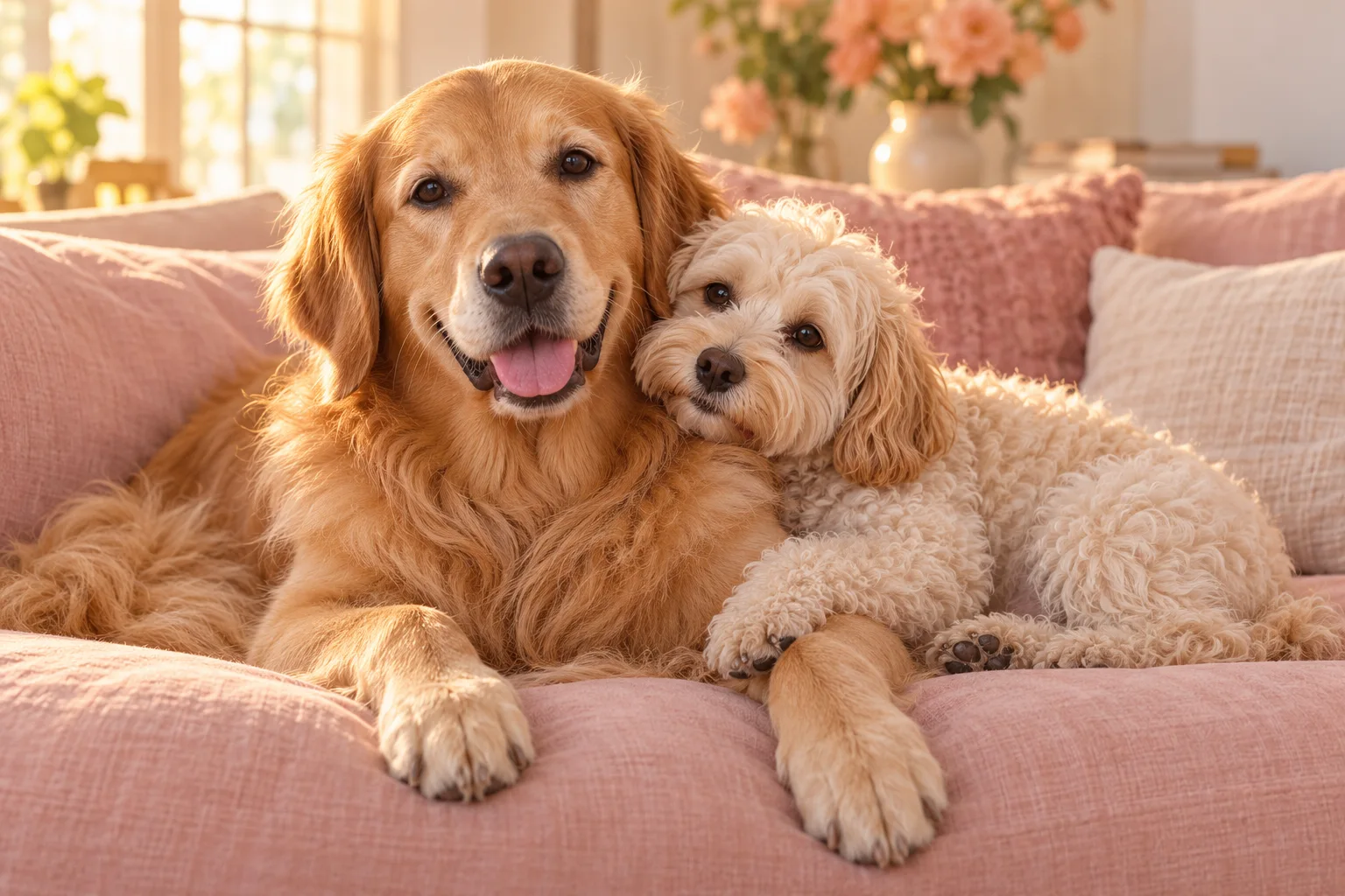 A small curly-haired dog resting its head against a golden retriever on a blush pink couch