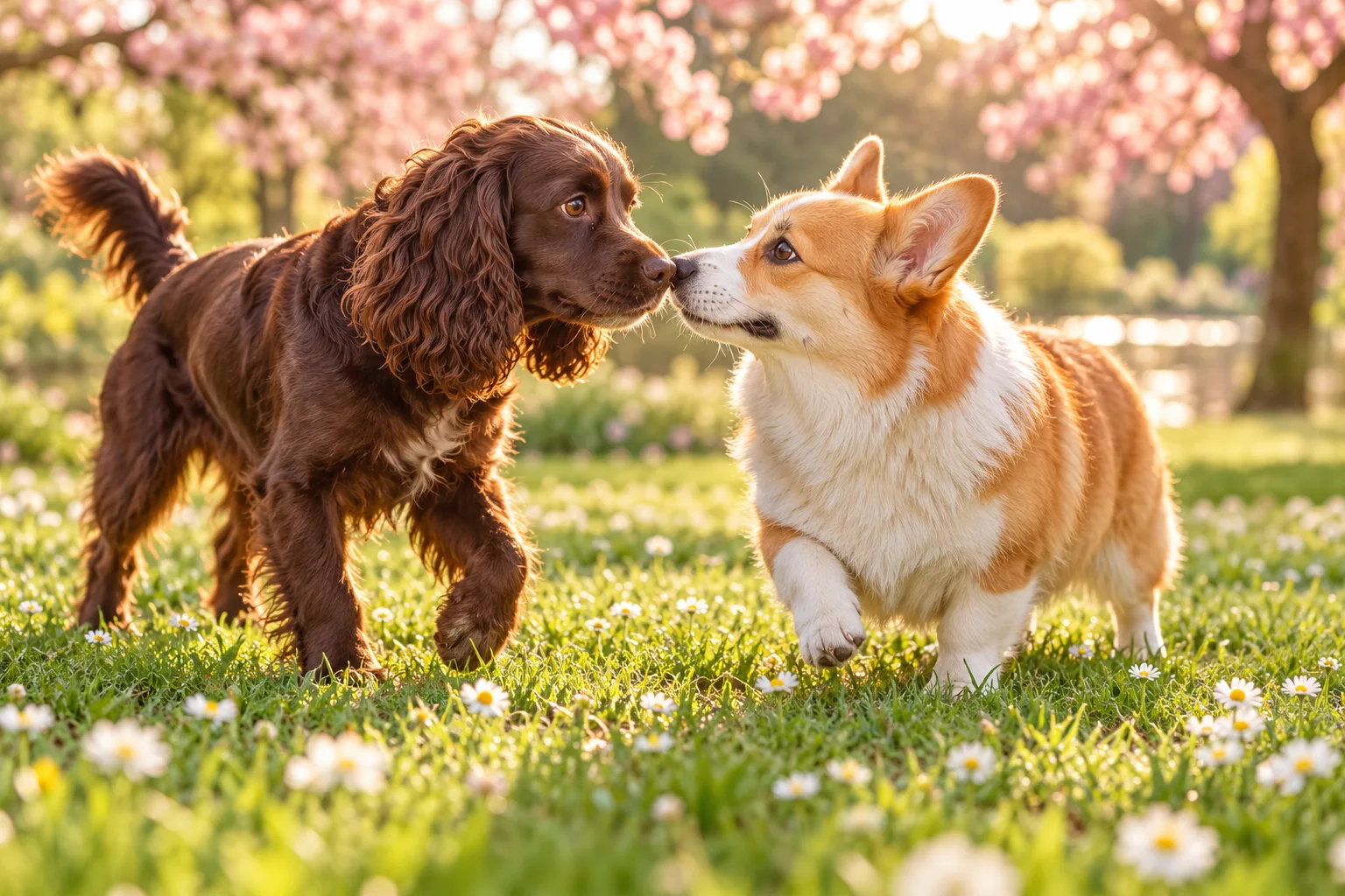 A spaniel and corgi gently touching noses among daisies in a sunny park