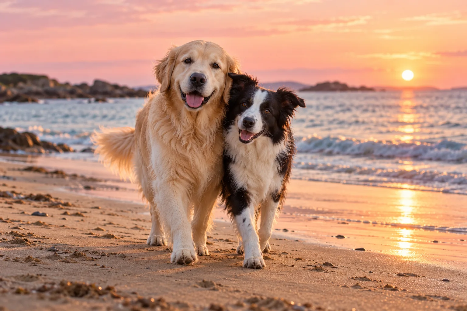 A golden retriever and border collie walking close together on a beach at sunset
